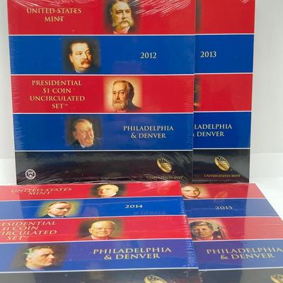 LOT 200J: 2012, 2013, 2014 and 2015 US Mint Presidential $1 Uncirculated Coin Sets in Sealed Packaging