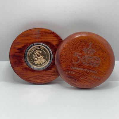 LOT 204J: 1492 - 1992 500 Quincentennial Coin in Round Wooden Box and 1976 United Nations Bronze Peace Medal