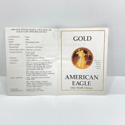 LOT 205J: 1988 American Eagle One-Tenth Ounce Five Dollar Gold Coin with Certificate of Authenticity in Original Presentation Box