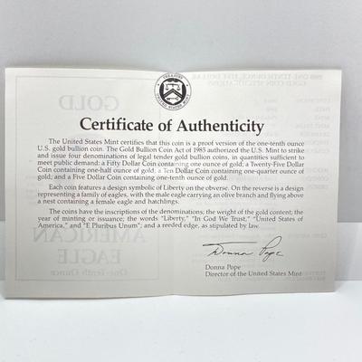 LOT 205J: 1988 American Eagle One-Tenth Ounce Five Dollar Gold Coin with Certificate of Authenticity in Original Presentation Box
