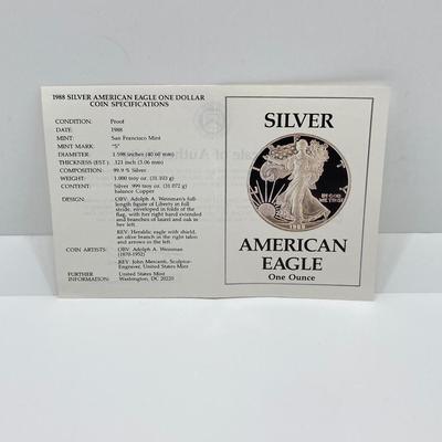 LOT 207J: 1988 American Eagle One Ounce One Dollar Silver Coin with Certificate of Authenticity in Original Presentation Box