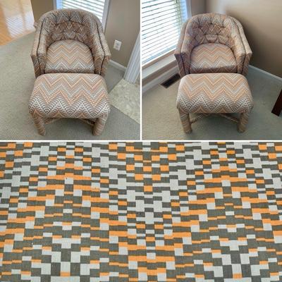 LOT 2 L: 2 Weiman / Warren Lloyd 1970's Style Orange & Grey Tufted Tub Chairs w/ Matching Ottomans