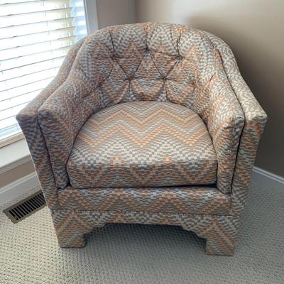 LOT 2 L: 2 Weiman / Warren Lloyd 1970's Style Orange & Grey Tufted Tub Chairs w/ Matching Ottomans
