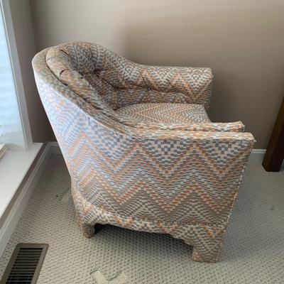 LOT 2 L: 2 Weiman / Warren Lloyd 1970's Style Orange & Grey Tufted Tub Chairs w/ Matching Ottomans