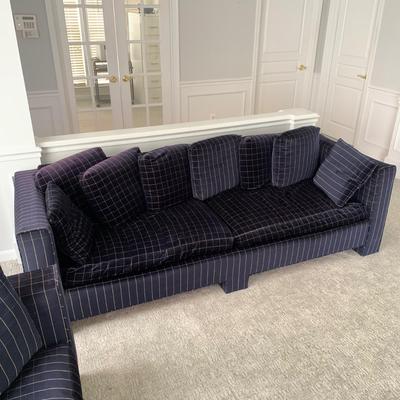 LOT 8 F: Velvet 1970's Style Dark Blue / Black Velvet Yellow Square Stitch Couch & Loveseat from D. Becker & Sons