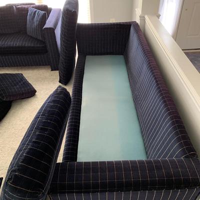 LOT 8 F: Velvet 1970's Style Dark Blue / Black Velvet Yellow Square Stitch Couch & Loveseat from D. Becker & Sons