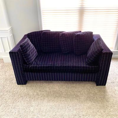 LOT 8 F: Velvet 1970's Style Dark Blue / Black Velvet Yellow Square Stitch Couch & Loveseat from D. Becker & Sons