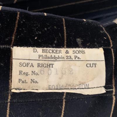 LOT 8 F: Velvet 1970's Style Dark Blue / Black Velvet Yellow Square Stitch Couch & Loveseat from D. Becker & Sons