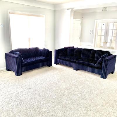 LOT 8 F: Velvet 1970's Style Dark Blue / Black Velvet Yellow Square Stitch Couch & Loveseat from D. Becker & Sons