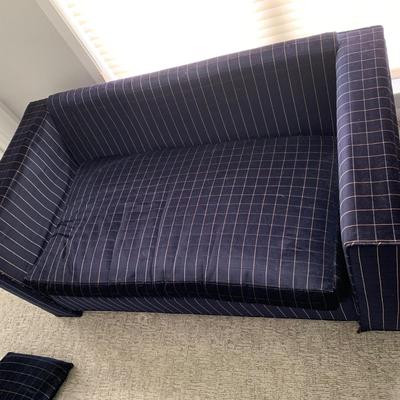 LOT 8 F: Velvet 1970's Style Dark Blue / Black Velvet Yellow Square Stitch Couch & Loveseat from D. Becker & Sons