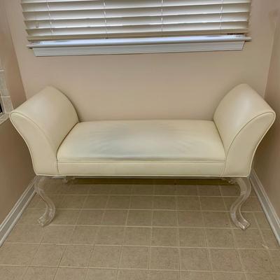 LOT 11 F: Flared Arm Ivory Colored Bench w/ Curved Acrylic Legs