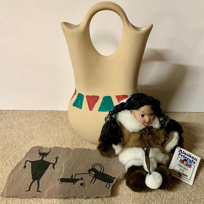 LOT 18 B: 1998 Painted Slate "Deer Hunter" by E. Nakai, "Alaskan Friends" Native Style Doll, & Native American...