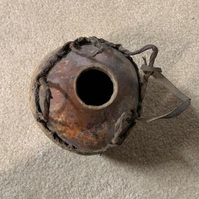 LOT 23 B: Vintage / Antique Gourd Drinking Jug, Woven Coconut Husk Basket, & Stitched Animal Skin Container