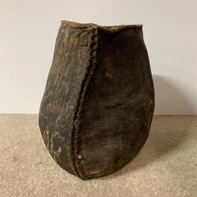 LOT 23 B: Vintage / Antique Gourd Drinking Jug, Woven Coconut Husk Basket, & Stitched Animal Skin Container