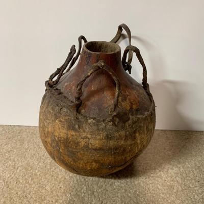 LOT 23 B: Vintage / Antique Gourd Drinking Jug, Woven Coconut Husk Basket, & Stitched Animal Skin Container
