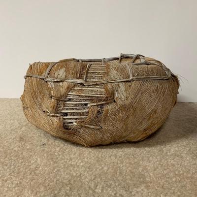 LOT 23 B: Vintage / Antique Gourd Drinking Jug, Woven Coconut Husk Basket, & Stitched Animal Skin Container