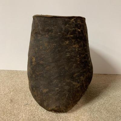 LOT 23 B: Vintage / Antique Gourd Drinking Jug, Woven Coconut Husk Basket, & Stitched Animal Skin Container