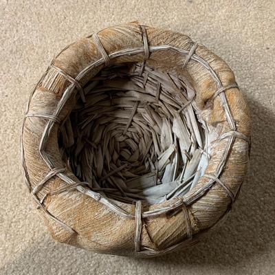 LOT 23 B: Vintage / Antique Gourd Drinking Jug, Woven Coconut Husk Basket, & Stitched Animal Skin Container