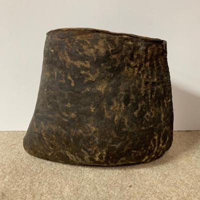 LOT 23 B: Vintage / Antique Gourd Drinking Jug, Woven Coconut Husk Basket, & Stitched Animal Skin Container