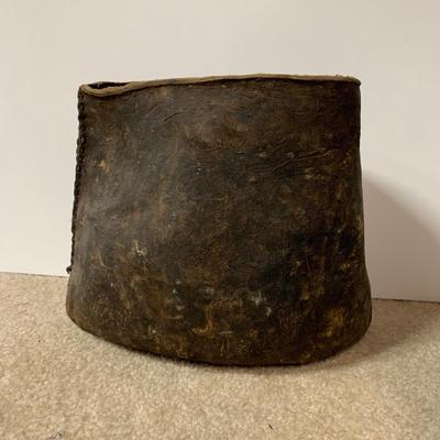 LOT 23 B: Vintage / Antique Gourd Drinking Jug, Woven Coconut Husk Basket, & Stitched Animal Skin Container