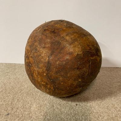 LOT 23 B: Vintage / Antique Gourd Drinking Jug, Woven Coconut Husk Basket, & Stitched Animal Skin Container