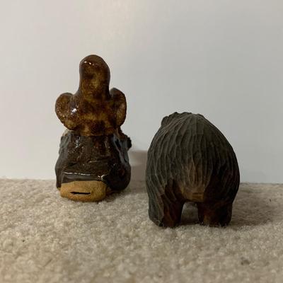 LOT 24 B: Little Guy Collection; Signed or Stamped Figures, Hand Carved Wooden Bear, & Bearded Man Ocarina Flute