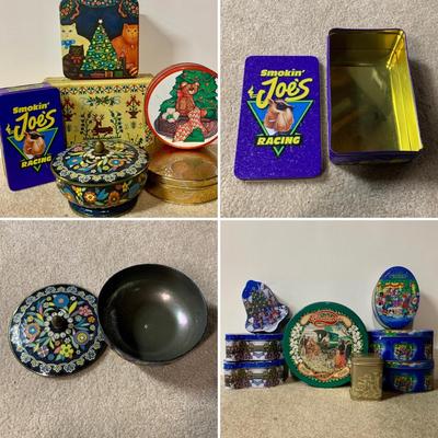 LOT 26 B: Collectible Tin Collection; Smokin' Joe's Racing, Enamel Footed Spinning Candy Tin, & More