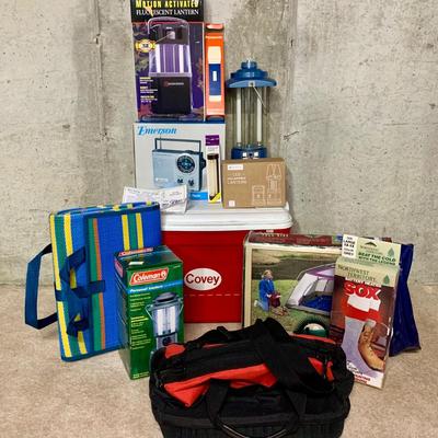 LOT 30 B: Camping Collection; Cooler Bag, Full Size Air Bed, Lanterns, Emerson Portable Radio, Convey Cooler, & More
