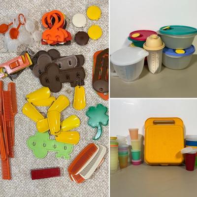 LOT 49B: Vintage Tupperware Collection - Containers, Measuring Cup, Key Hooks, Combs, Kids’ Lunchbox & Mo