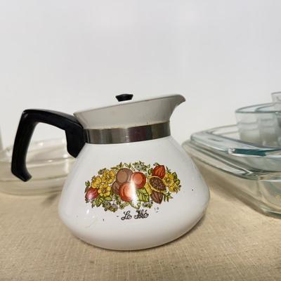 LOT 65B: Collection of Pyrex Glass Baking Dishes w/ Corning Ware Coffee Pot & Blue Cornflower Baking Dishes