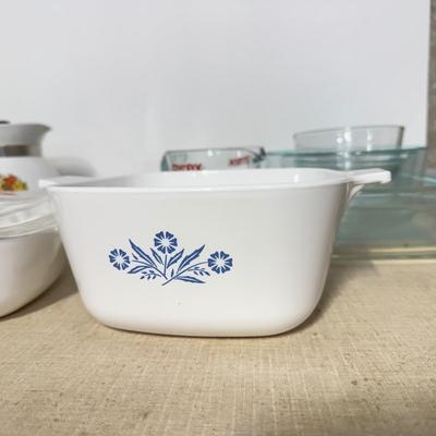 LOT 65B: Collection of Pyrex Glass Baking Dishes w/ Corning Ware Coffee Pot & Blue Cornflower Baking Dishes