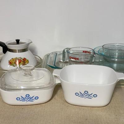 LOT 65B: Collection of Pyrex Glass Baking Dishes w/ Corning Ware Coffee Pot & Blue Cornflower Baking Dishes