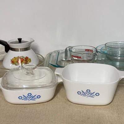 LOT 65B: Collection of Pyrex Glass Baking Dishes w/ Corning Ware Coffee Pot & Blue Cornflower Baking Dishes