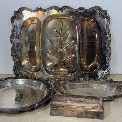 LOT 66B: Vintage Silverplate Collection - Towle Jewlery Box, Amston 1741 Platter, Victoria 118 Meat Tray & Footed Bowl
