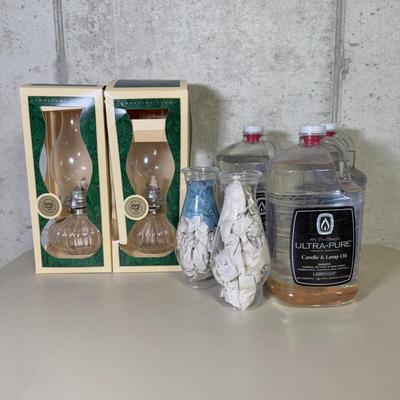 LOT 68B: Boxed Lamplight Farms Glass Oil Lamps, Anchor Hocking Glass Chimney Tops & 3 Bottles of Candle/Lamp Oil