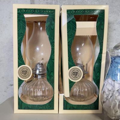 LOT 68B: Boxed Lamplight Farms Glass Oil Lamps, Anchor Hocking Glass Chimney Tops & 3 Bottles of Candle/Lamp Oil
