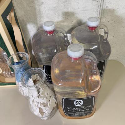 LOT 68B: Boxed Lamplight Farms Glass Oil Lamps, Anchor Hocking Glass Chimney Tops & 3 Bottles of Candle/Lamp Oil