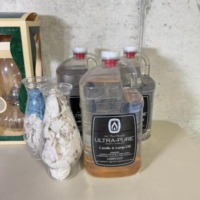 LOT 68B: Boxed Lamplight Farms Glass Oil Lamps, Anchor Hocking Glass Chimney Tops & 3 Bottles of Candle/Lamp Oil