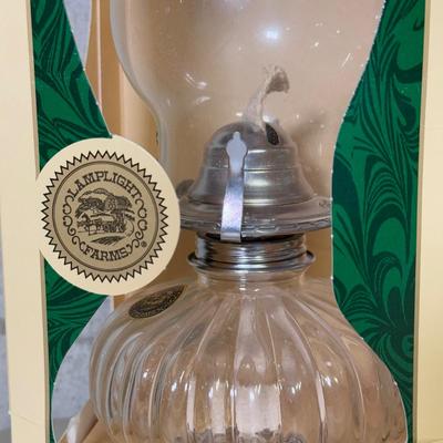 LOT 68B: Boxed Lamplight Farms Glass Oil Lamps, Anchor Hocking Glass Chimney Tops & 3 Bottles of Candle/Lamp Oil