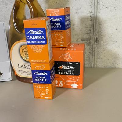 LOT 69B: Collection of Oil Lamp Parts & Accessories w/ Oil