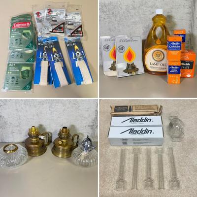 LOT 69B: Collection of Oil Lamp Parts & Accessories w/ Oil
