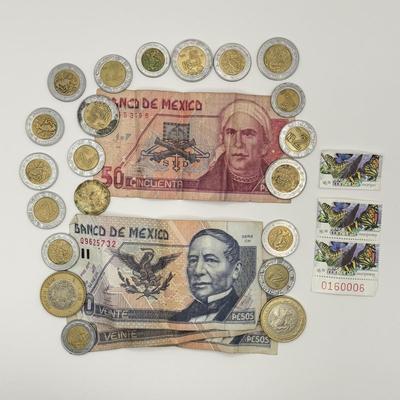 LOT 71J: Mexican Pesos - Bank Notes & Coins w/ 3 Stamps