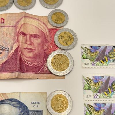 LOT 71J: Mexican Pesos - Bank Notes & Coins w/ 3 Stamps
