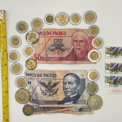 LOT 71J: Mexican Pesos - Bank Notes & Coins w/ 3 Stamps