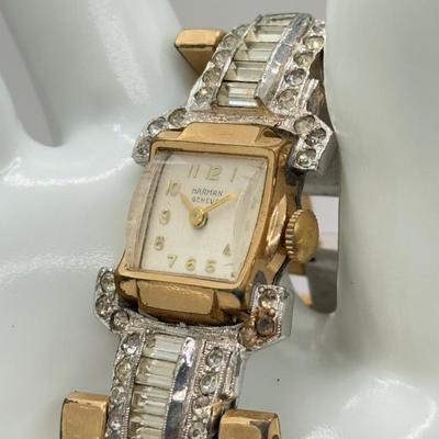 LOT 73J: Rhinestone Cuff Bracelet & Screwback Earrings, 6.5” Tennis Bracelet & Vintage Ladies’ Harman Geneva Swiss Watch (6.5”)