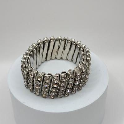 LOT 73J: Rhinestone Cuff Bracelet & Screwback Earrings, 6.5” Tennis Bracelet & Vintage Ladies’ Harman Geneva Swiss Watch (6.5”)