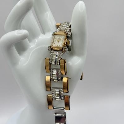 LOT 73J: Rhinestone Cuff Bracelet & Screwback Earrings, 6.5” Tennis Bracelet & Vintage Ladies’ Harman Geneva Swiss Watch (6.5”)