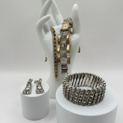 LOT 73J: Rhinestone Cuff Bracelet & Screwback Earrings, 6.5” Tennis Bracelet & Vintage Ladies’ Harman Geneva Swiss Watch (6.5”)