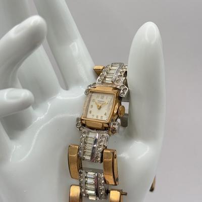 LOT 73J: Rhinestone Cuff Bracelet & Screwback Earrings, 6.5” Tennis Bracelet & Vintage Ladies’ Harman Geneva Swiss Watch (6.5”)