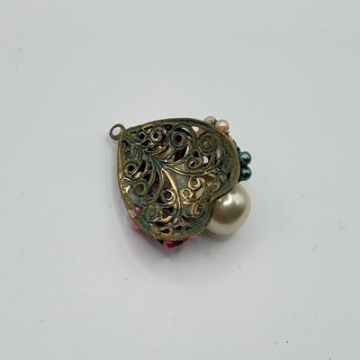 LOT 77J: Vintage Jewelry - Pierced Drop Earrings, Large Filigree Ring (7.5), “Pearl” Pendant & More Rings (4 & 7)